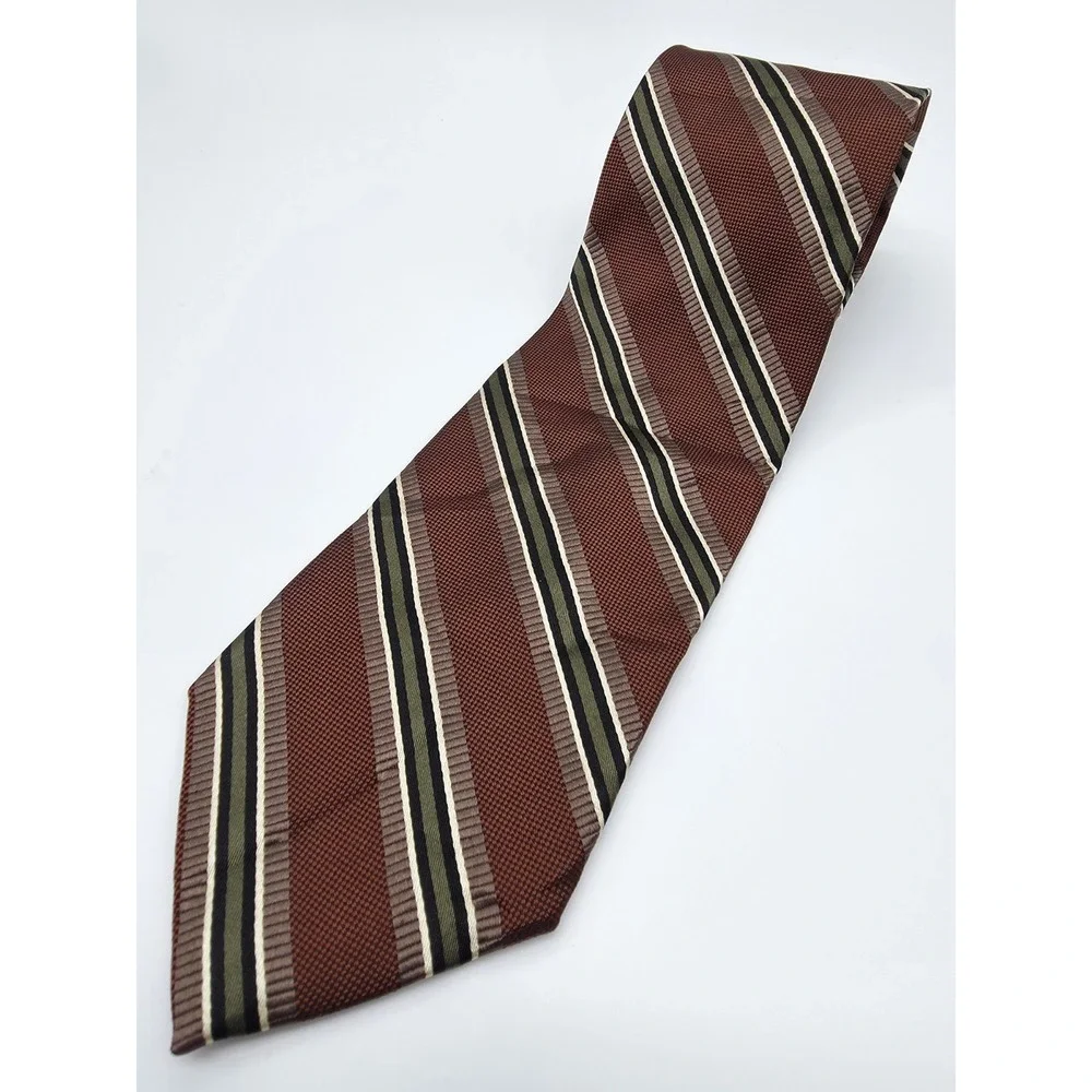 Joseph A Bank Silk Stripped Tie Olive Brown Black Necktie 3.4